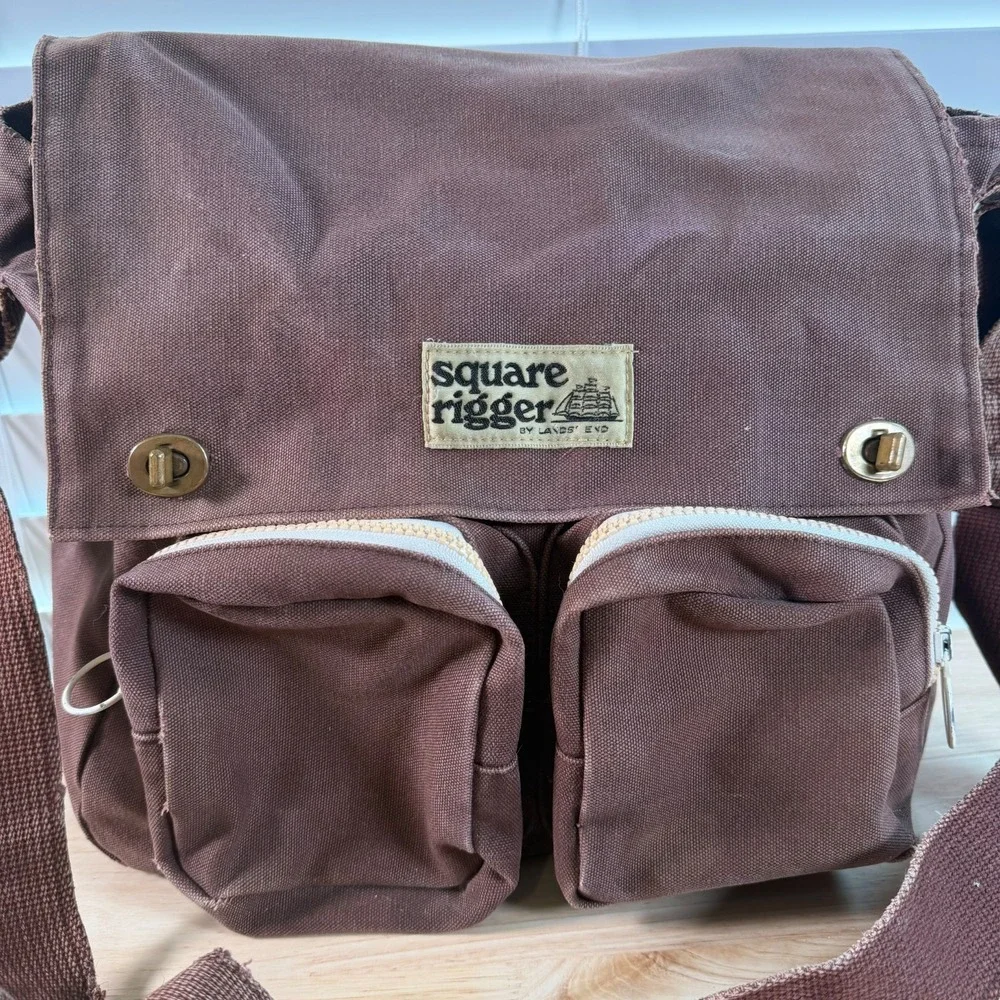 Lands' End Square Rigger Brown Canvas Durable Classic Flap Front Messenger Bag